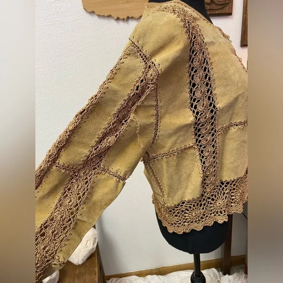 Unique OOAK Hippie Patchwork Leather Crochet Crop Jacket Top Blouse Handmade Sz? - Picture 8 of 16